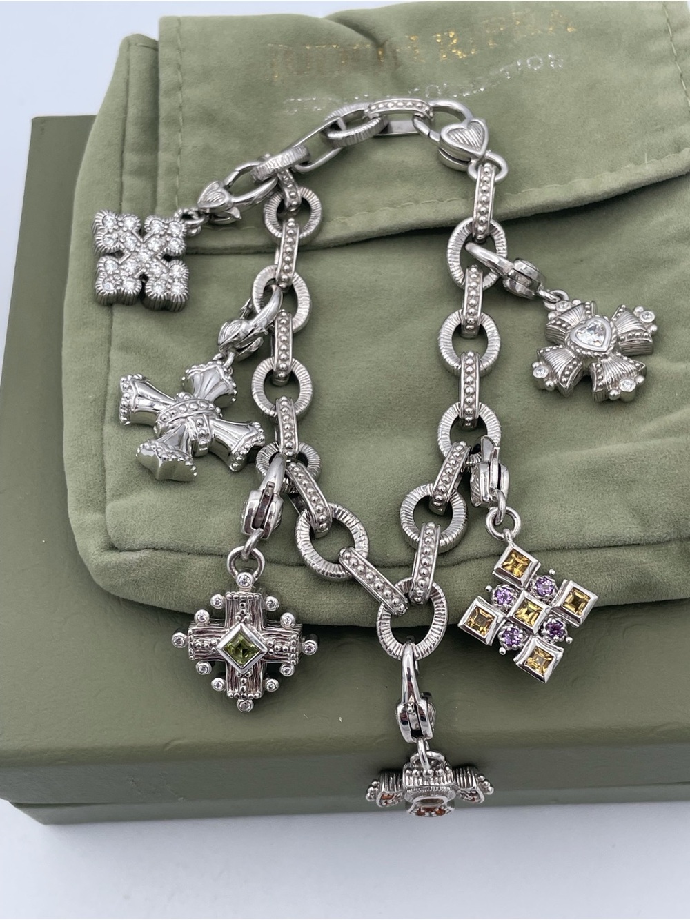 Judith Ripka Sterling Silver 925 Gemstone Maltese Cross Charm Bracelet Thailand - Picture 9 of 14